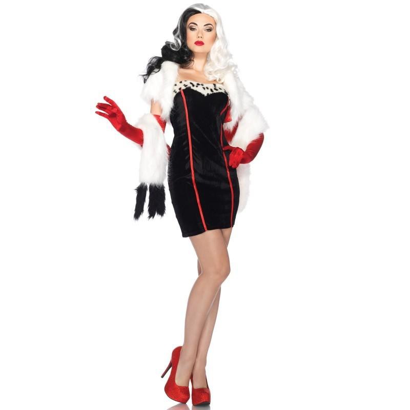 Fantasia Feminina Cruella Devil 101 Dálmatas Disney Traje para Festa a Fantasia