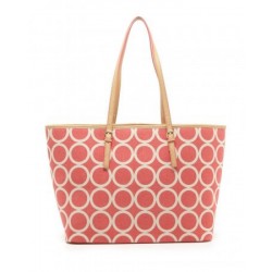 Bolsa Feminina Tote Coral Estampa de Círculos Couro