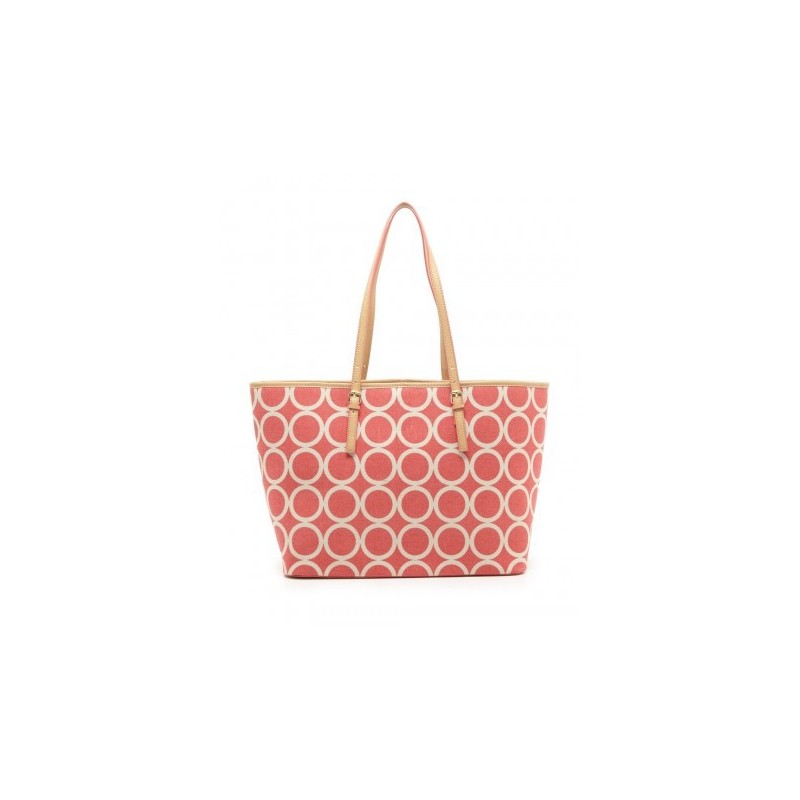 Bolsa Feminina Tote Coral Estampa de Círculos Couro