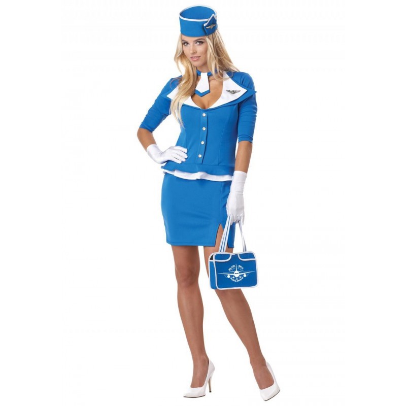 Fantasia Comissária de Bordo Azul Aeromoça Feminino