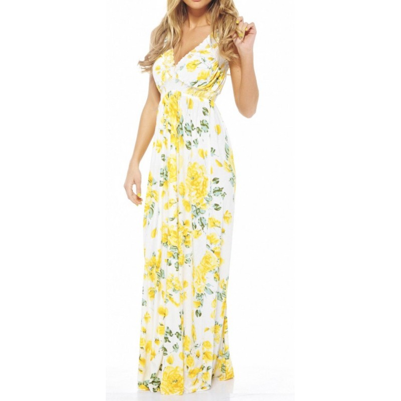 Vestido Longo Casual Floral Amarelo e Branco Decote em V