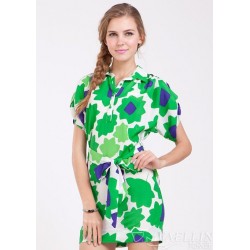 Vestido Casual Verde Estampado Curto com Mangas