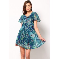 Vestido Curto Chiffon Azul Estampado com Mangas