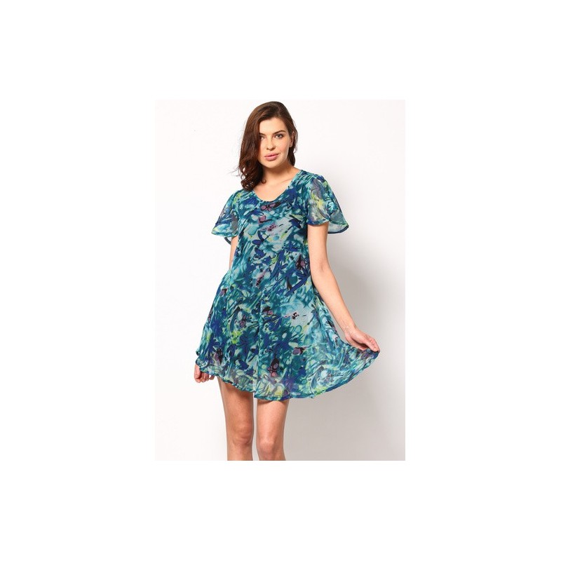 Vestido Curto Chiffon Azul Estampado com Mangas