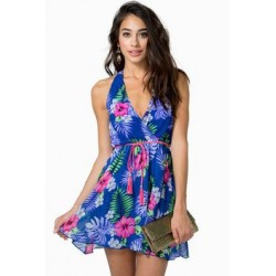 Vestido Estampado Decote em V Azul Casual