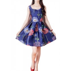 Vestido de Cetim Estampado Floral Azul