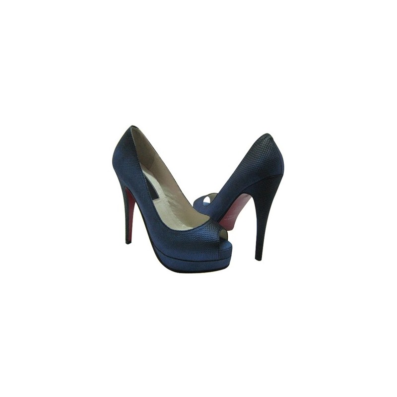 Peep Toe Feminino Azul Couro Salto Alto Agulha