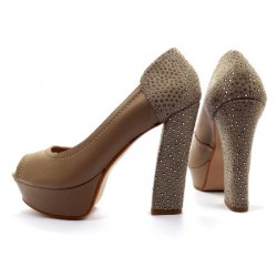 Sapato Feminino Peep Toe Nude Bege Salto Grosso com Strass