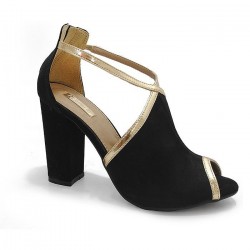 Sandália Feminino Peep Toe Salto Grosso Preta e Dourada