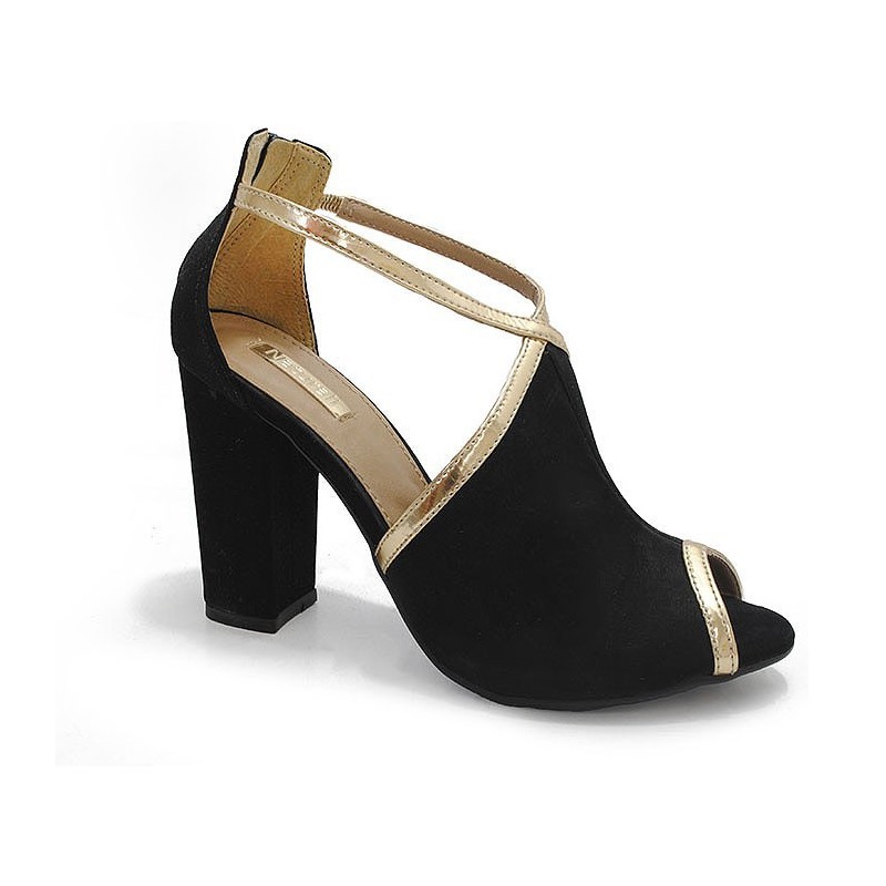 Sandália Feminino Peep Toe Salto Grosso Preta e Dourada