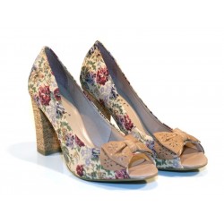 Sapato Feminino Peep Toe Floral com Laço e Salto Grosso de Cortiça