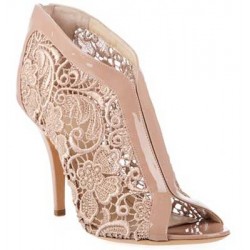 Sapato Feminino Peep Toe em Renda Nude Salto Alto Agulha