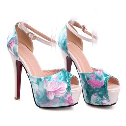 Sapato Feminino Peep Toe Estampado Floral Verde Salto Alto Maxi