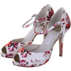 Sandália Peep Toe Feminina Estampada Floral Branco e Vermelho Salto Alto 8cm