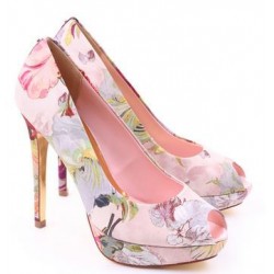 Sapato Feminino Peep Toe Floral Estampado Salto Alto