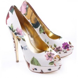 Sapato Feminino Peep Toe Floral Branco Estampado Salto Alto