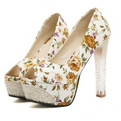 Sapato Feminino Peep Toe Floral Branco Estampado Salto Maxi Alto Transparente