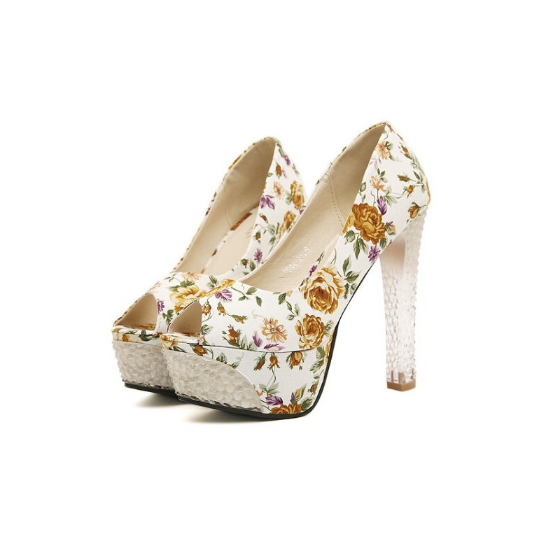 Sapato Feminino Peep Toe Floral Branco Estampado Salto Maxi Alto Transparente