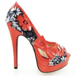 Sapato Feminino Peep Toe Floral Vermelho Estampado Salto Maxi Alto 15cm