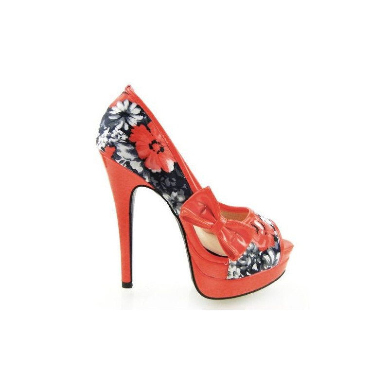 Sapato Feminino Toe Floral Vermelho Estampado Salto Maxi Alto 15cm