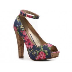 Sapato Feminino Peep Toe Estampado Floral Azul Salto de Cortiça