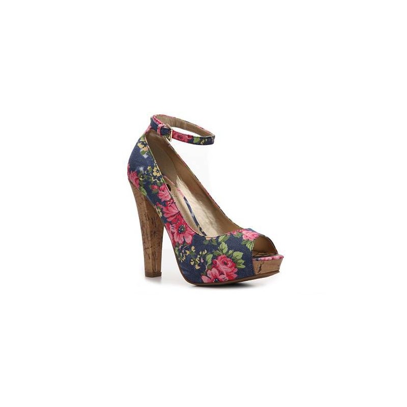 Sapato Feminino Peep Toe Estampado Azul