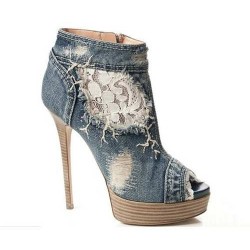 Sapato Feminino Peep Toe Jeans com Renda Salto Alto 15cm