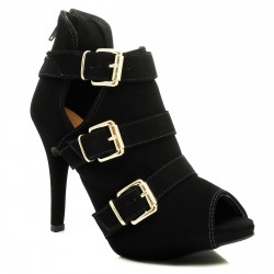 Sapato Feminino Peep Toe Preto Couro com 3 Fivelas Douradas