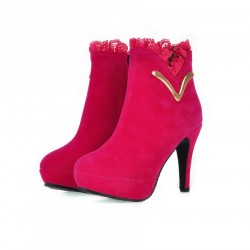 Bota Feminina Cano Médio Rosa Pink com Renda Salto 12cm