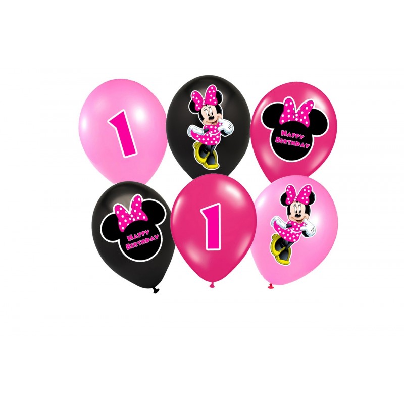 Balões Rosa e Preto Minnie Baby 1 ano Festa Infantil 24un