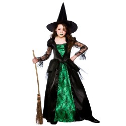 Fantasia Infantil Bruxa Meninas Verde e Preta com Vassoura