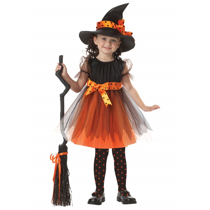 Fantasia Menina Infantil Festa Halloween Bruxa Laranja Tule