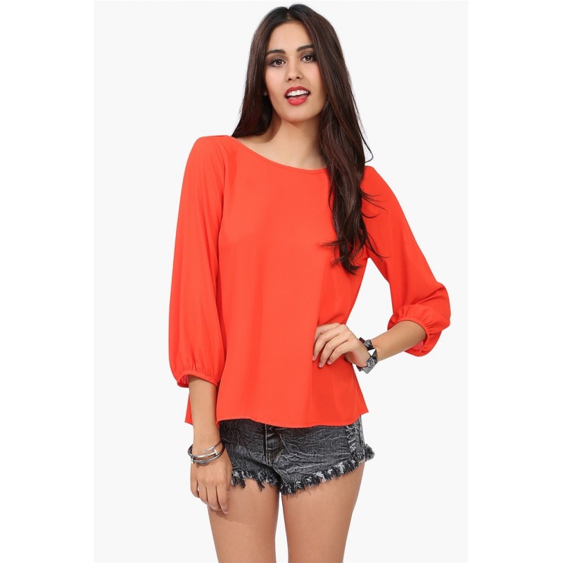 Blusa Feminina Chiffon Laranjada com Mangas 3/4