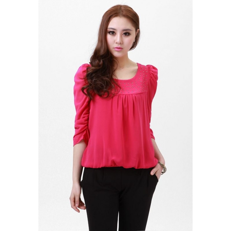 Blusa Feminina Pink Chiffon com Mangas 3/4