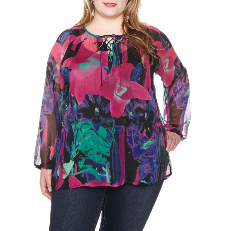 Blusa Feminina Estampada Chiffon Transparente Plus Size