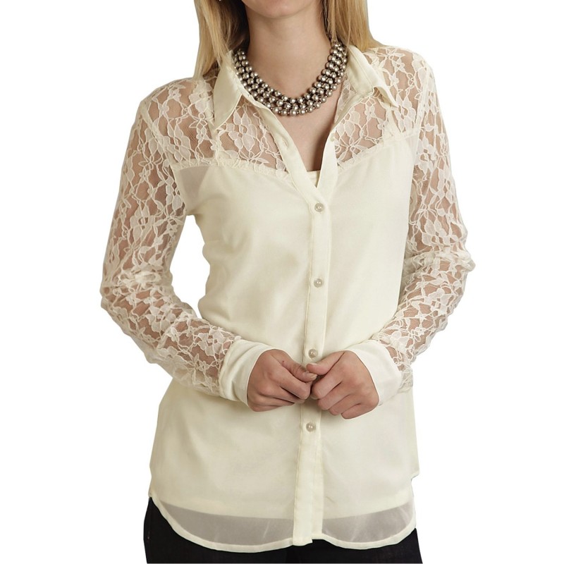 Blusa Camisa Feminina de Chiffon com Renda Nude