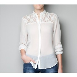 Blusa Camisa Feminina de Chiffon com Renda Branca