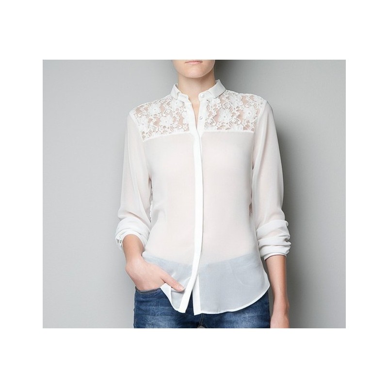 Blusa Camisa Feminina de Chiffon com Renda Branca