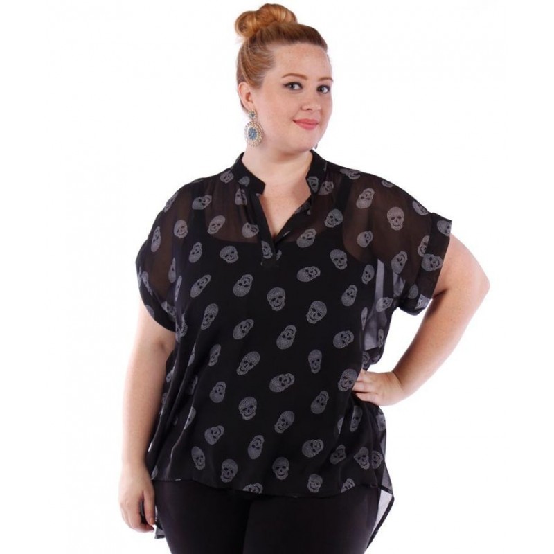 Blusa Camisete Feminina Plus Size Preta Estampa Caveirinhas