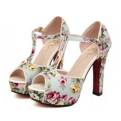 Sandália Feminina Estampada Floral Salto Grosso Alto