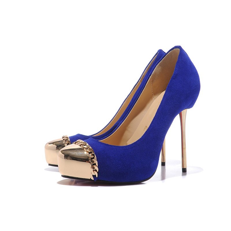 Sapato Feminino Camursa Azul Bico e Salto Dourados Alto 12cm