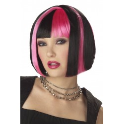 Peruca Feminina Rockeira Rosa e Preto Chanel Halloween Carnaval