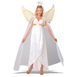 Fantasia Feminina Anjo Branco e Dourado Halloween Carnaval