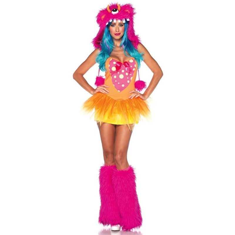 Fantasia Feminina Monstro Rosa e Amarelo Festa Halloween Carnaval