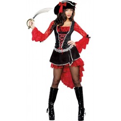 Fantasia Feminina Pirata Luxo Vermelho e Preto Festa Halloween Carnaval