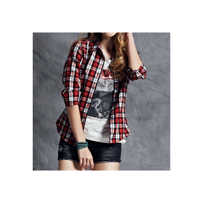 Camisa feminina Xadrez Casual manga longa