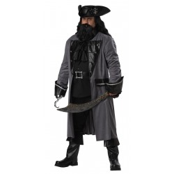 Ator em uma fantasia de pirata e um chapéu de capitão para o halloween.  homem barbudo bonito vestido como um pirata do caribe para o carnaval.