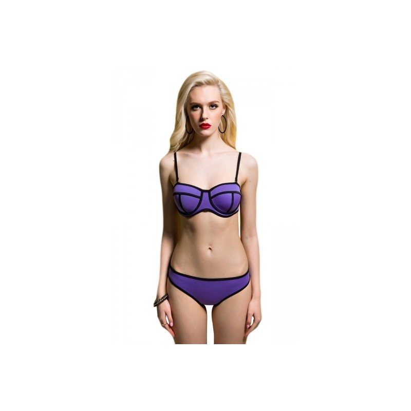 Biquíni Neoprene Roxo com Tiras Pretas