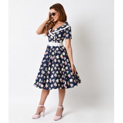 Vestido Flare Azul Estampa Floral Comprimento Médio Godê