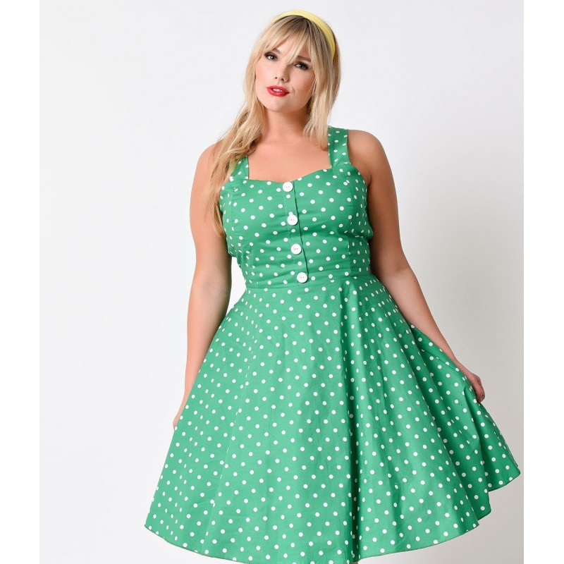 Vestido Flare Verde Plus Size Estampa Poá Comprimento Médio Godê